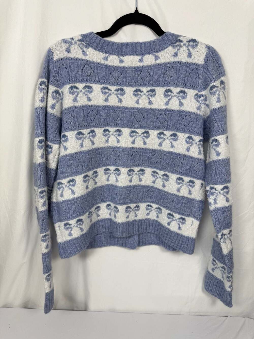 Freshman 1996 Blue and White Bow Pattern Knit Cardigan Sweater NWT - Picture 3 of 8